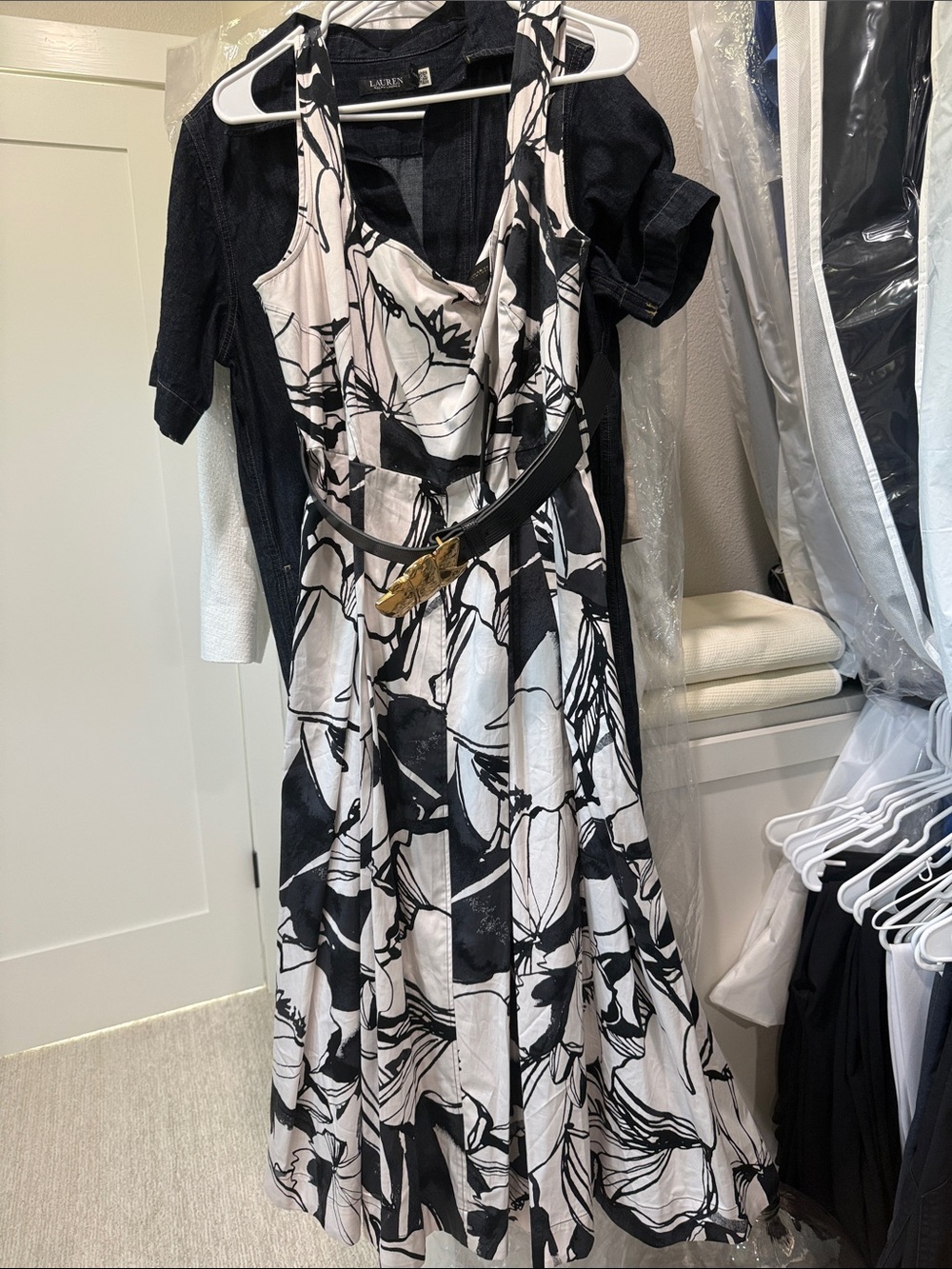 Donna Karan Black and White Floral Midi Dress with Belt NWT 14